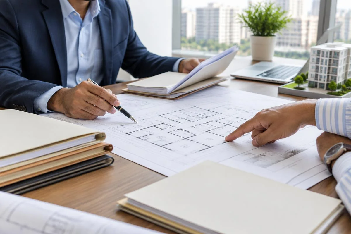 consultant reviewing property documents and building plans