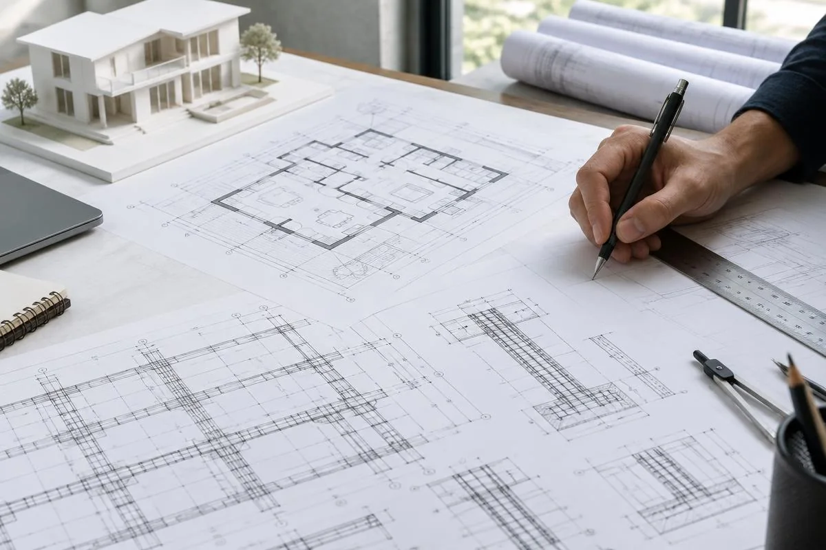 architectural model and structural drawings being reviewed