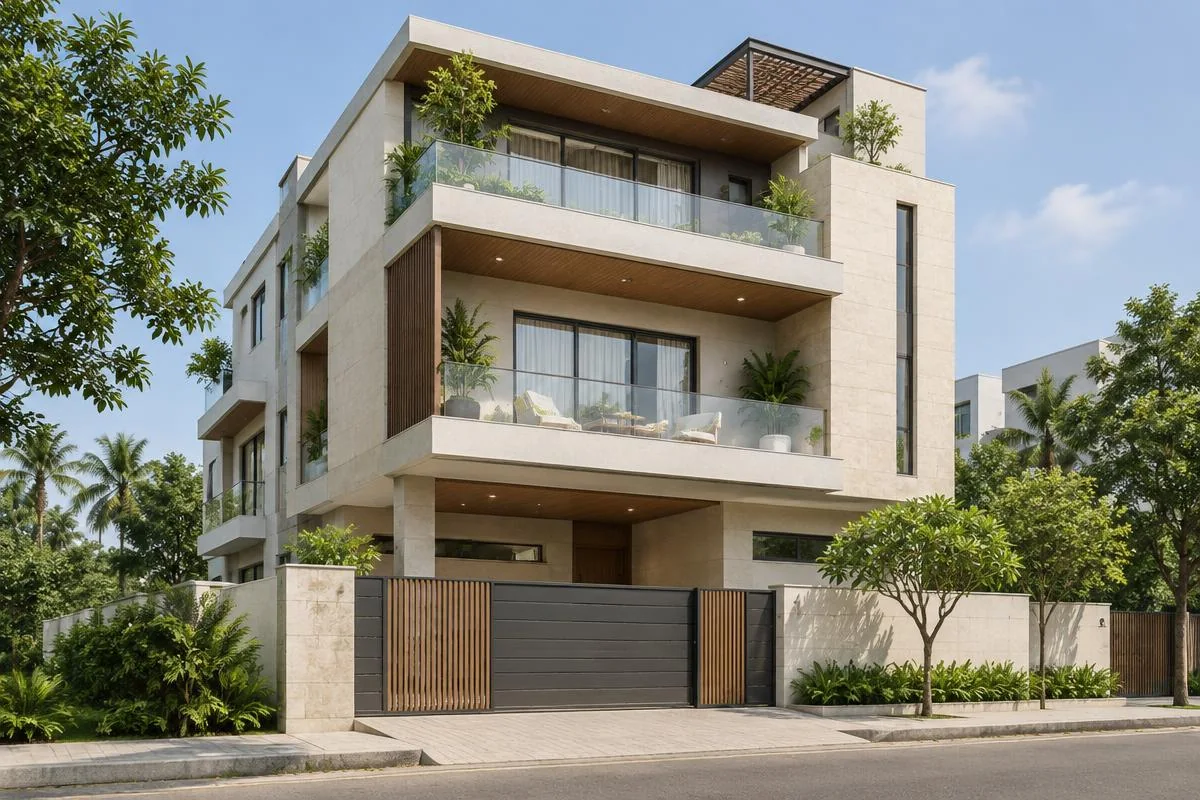 contemporary Bangalore residential building with stone facade and balconies