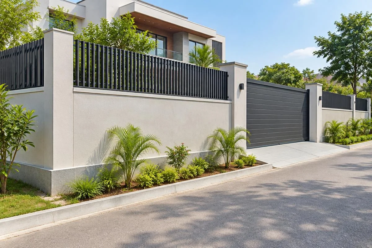 finished compound wall, metal fencing and driveway gate