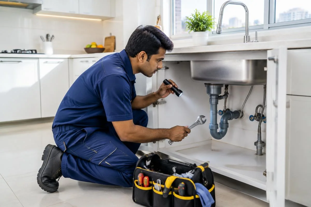 technician inspecting home plumbing during maintenance