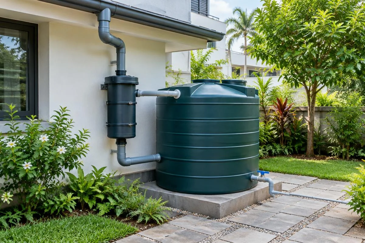 rainwater downpipe, filter and closed storage tank