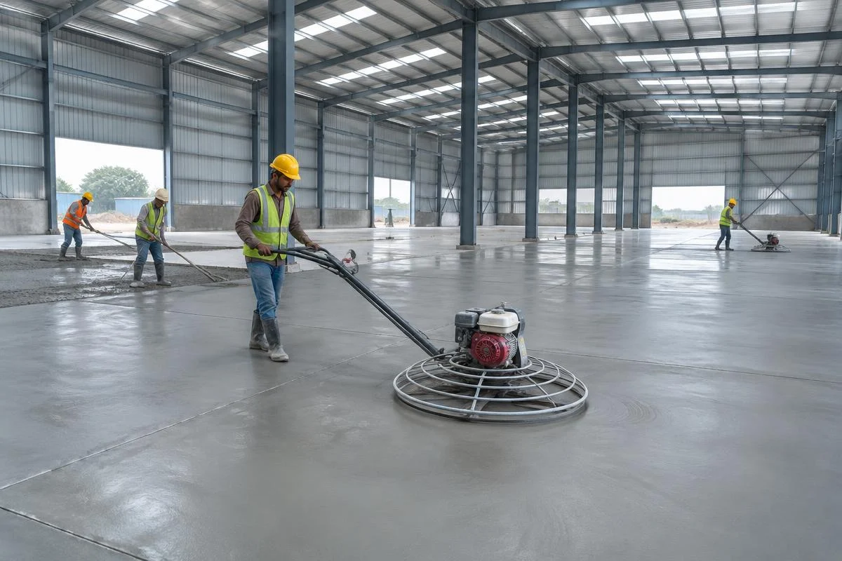 power-trowel finishing of an industrial concrete floor inside a steel shed